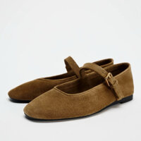 Giày búp bê nữ ZR da lộn mũi tròn đế bệt quai khoá cài