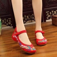 Giày búp bê thêu họa tiết chim công phong cách Trung Hoa thanh lịch dành cho nữ