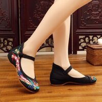 Giày búp bê thêu họa tiết chim công phong cách Trung Hoa thanh lịch dành cho nữ
