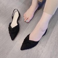 Giày búp bê vải nhung xoắn nơ sang chảnh màu đen, hở gót, cao 1cm