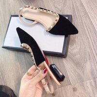 Giày búp bê viền đinh hở gót đế mika đen 2cm . SALE 20% ' < "..."