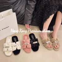 Giày cao cấp Hồng Kông❥( _ -) Dép một mảnh nhung nút bạc dành cho nữ mặc bên ngoài, dép cotton nhà mùa thu đông