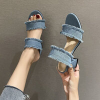 🌹🌹🌹Giày cao gót 2 quai Denim đế 7 cm thời trang hè 2023