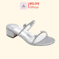 Giày cao gót 5 phân gót vuông quai đính đá lấp lánh sang trọng BELIVE, Giày cao gót 2 quai ngang đính đá gót cao 5p HD88