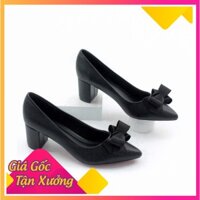 Giày Cao Gót 5cm Đế Vuông Mũi Nhọn Nơ Ấu Màu Nâu Đỏ Pixie P284