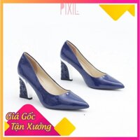 Giày Cao Gót 7cm Đế Vuông Da Bóng Mũi Nhọn Pixie X438