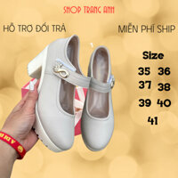 Giày cao gót 7cm nữ đế vuông da PU cao cấp , đính đá size 35-41