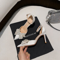 Giày cao gót 7P-9cm, mũi nhọn NƠ ĐÁ NGỌC da lụa phi bóng mẫu mới mã 004