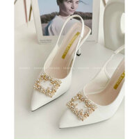 giày cao gót 7p gắn nơ đá sang chảnh chất da mềm êm