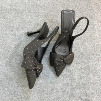 Giày cao gót 7p phối Nơ vải lụa satin chấm Bi quai hậu mũi nhọn fom chuẩn size