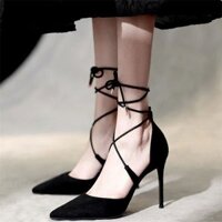 Giày cao gót 9 phân Giày bít mũi bít gót hậu buộc dây Giày cao gót nhung nỉ cao gót đi tiệc cao 9 phân U41