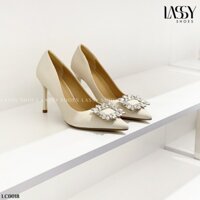 Giày cao gót 9cm mũi nhọn đính đá trắng chữ nhật gót nhọn LASSY Shoes - LC0018