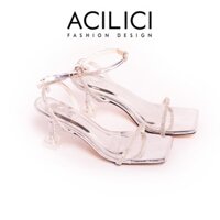 Giày cao gót ACILICI nữ thời trang đính đá, giày sandal gót nhọn hỡ mũi cao 7p fom chuẩn size 35-40 màu Bạc