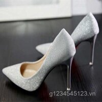 Giày cao gót bạc mới cho phụ nữ, kiểu dáng stiletto đen, phong cách Pháp đa năng, giày đơn cho cô gái sequin nổi tiếng VE6X
