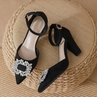 Giày Cao Gót Bít Mũi 7P Đính Nơ Đá Vuông Sang Xịn C30ĐAVuong