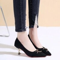 Giày cao gót bít mũi đính khóa kiểu da lộn gót nhọn 7p-- giày công sở nữ, giày sandal cao gót nữ [giay cao got hình thật