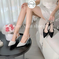 Giày cao gót bít mũi hở gót kim tuyến lấp lánh, mũi nhọn cao 7P, hậu xoàn đá hạt cài Kimngan17Store-MKN5
