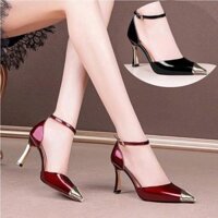 Giày cao gót bít mũi vàng thời trang 2 màu đỏ đen- Cg308