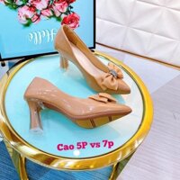 Giày cao gót búp bê nữ màu nâu, cao gót 5p và 7p, đính nơ sang trọng, gót nhọn bọc mica