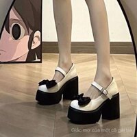 Giày cao gót chunky Mary Jane cho phụ nữ với nơ, phong cách JK ngọt ngào và mát mẻ, giày đơn tăng chiều cao mới cho các cô gái mùa thu