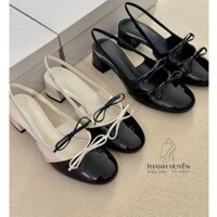 Giày cao gót Cnk mũi tròn đính nơ hở gót đế vuông cao 4cm phong cách tiểu thư thanh lịch dễ phối đồ hàng chẩn Fullbox
