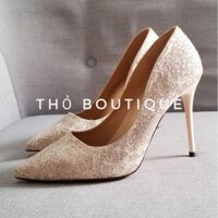 Giày cao gót cô dâu BEIRUOLA xuất Pháp ren nhũ ánh kim màu kem lấp lánh 9cm size 38.5