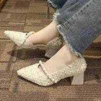 giày cao gót cô dâu cao gót tiểu thư Giày một lớp giày cao gót nữ gót dày mũi nhọn thu đông khí chất ưa nhìn mẫu mới 2025 dễ phối đồ nhẹ nhàng buổi tối phong cách Pháp