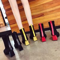 Giày Cao Gót Da Lộn Phối Màu S010 Hàn Quốc/ Bốt Cao Gót Đế Vuông/ Bốt Da Lộn 6cm