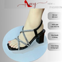 giày cao gót đế trụ vuông 7cm quai bắt chéo đính đá sáng lấp lánh,hậu bo thung