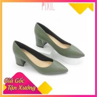 Giày Cao Gót Đế Vuông 5cm Mũi Nhọn Basic Màu Đen Pixie P055