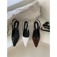 Giày cao gót đế vuông nữ mũi nhọn da gót 5cm hở gót - sandal nữ da thật hở gót đế cao 5cm