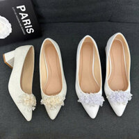 Giày cao gót dự tiệc cưới bít mũi hoa cưới gót vuông 5 cm size 40-44