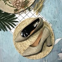 Giày cao gót giày công sở nữ giày dự tiệc màu nhũ kim tuyến vàng gót vuông 7cm