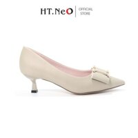 Giày cao gót - Giày Da nữ HT.NEO da bò thật , gót cao 3cm thiết kế nơ vuông đính đá trẻ trung ,sang trọng ,lịch sự GC08
