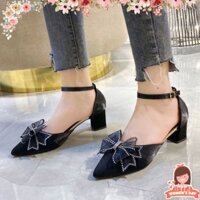 GIÀY CAO GÓT GNC67 NƠ ĐÁ ĐẾ VUÔNG 7P,MÀU ĐEN VA KEM SANG TRỌNG PHÙ HỢP ĐI TIỆC ĐI CHƠI