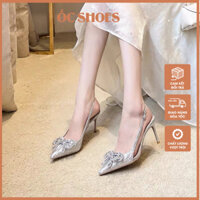 Giày cao gót kim sa gắn nơ đá, giày cưới, giày đi tiệc hở gót, giày quai hậu gót nhọn 9cm