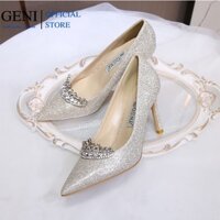 Giày cao gót kim sa họa tiết trang trí vương miện lấp lánh siêu sang GENI 206