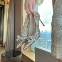 Giày cao gót kim sa nơ đá gót nhọn vàng kim