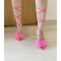 giày cao gót lông vũ hồng neon cá tính  có bảo hành , free shipping - hồng - 35