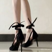 Giày cao gót màu đen dây buộc mẫu mới xuân thu 2025