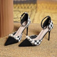 Giày Cao Gót Màu Đen Diều Fei Xiaoxiang Phong Cách Mới Houndstooth Từ Thắt Lưng Khóa Chuyên Nghiệp Giày Đơn Nữ
