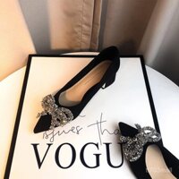 Giày cao gót màu đen Giày một lớp Gót Thô mũi nhọn da lộn mẫu mới 2024 nữ rhinestone công sở