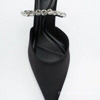 Giày cao gót màu đen, giày Nữ Mẫu Mới, giày Miệng nông mũi nhọn gót nhọn, giày Muller sáng bóng sa tanh