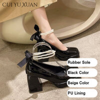 Giày cao gót màu đen sang trọng CUI YU XUAN có tông màu ngọc trai - Hoàn hảo cho đế cao su chống trượt mùa đông
