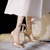 Giày Cao Gót Mũi Nhọn Cột Dây Màu nude Thời Trang Mùa Hè 2022