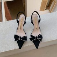 Giày Cao Gót Mũi Nhọn Đính Nơ 7 Phân, Guốc Cao Gót Mũi Nhọn Bít Ngón hl59
