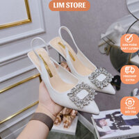 Giày cao gót mũi nhọn khóa đá LIM Store giày hở gót da mềm êm chân