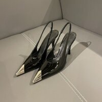 Giày cao gót mũi nhọn màu đen cho phụ nữ, giày cao gót mùa xuân, giày đầm phong cách trưởng thành, mũi nhọn kim loại, sexy, sandal kín mũi |   Kết cấu lụa sang trọng |   Thiết kế dây đeo lưng