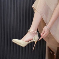 Giày cao gót mũi nhọn mới 2023 chất lượng cao, gót nhọn, nền chống nước, mặt sau rỗng, bề mặt bột vàng, dây đeo sau, dây chuyền ngọc trai, bạc 968-2