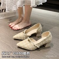 Giày cao gót mũi nhọn nhỏ thơm mới phát hành 2025 cho phụ nữ, gót chunky, thoải mái, miệng nông, cắt bên, giày đơn khí chất nhẹ nhàng bán buôn